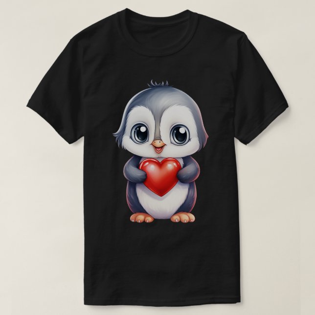 Camiseta Pinguim bebê bonito segurando o coração (Frente do Design)