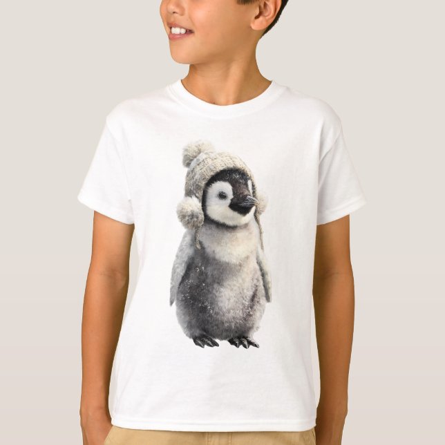 Camiseta Pinguim Bebê com Chapéu de Caçador de Neve Infanti (Frente)