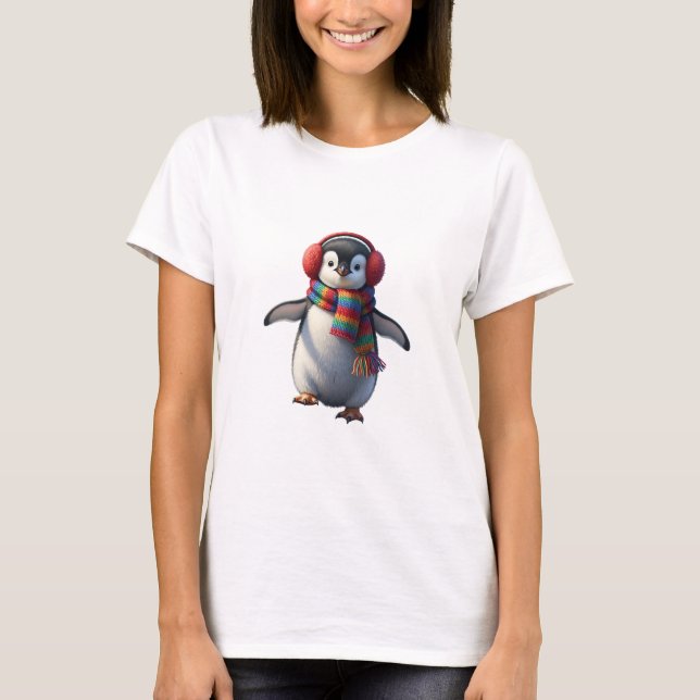 Camiseta Pinguim Bebê Fofo com Cachecol Arco-Íris e Proteto (Frente)