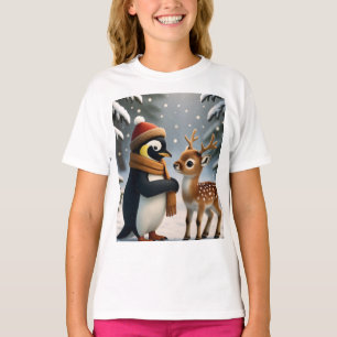 Camiseta Pinguim&Bebe Rena Fantasia de Inverno Quadrinho