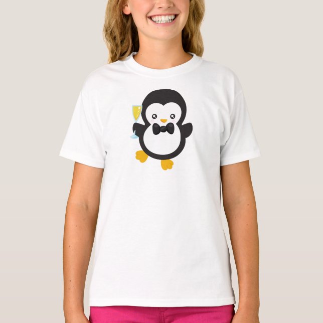 Camiseta Pinguim Bonito, Pinguim Com Champanhe, Partido (Frente)