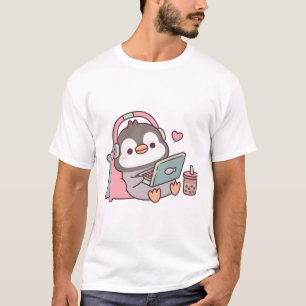Camiseta Pinguim Bonito Refrigerado Com Laptop E Boba Tea