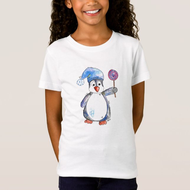 Camiseta Pinguim branco bonito com um pirulito (Frente)