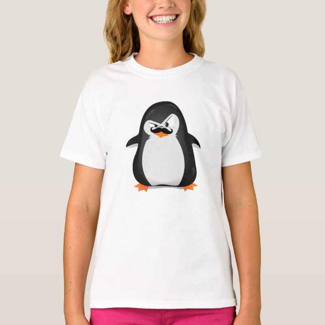 Camiseta Pinguim branco preto bonito e bigode engraçado (Frente)
