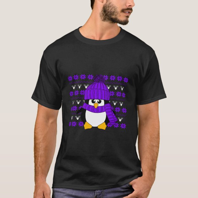 Camiseta Pinguim Com Chapéu Roxo E Scarf De Natal Útil S (Frente)