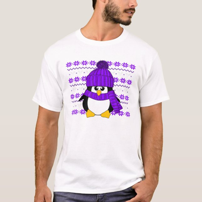 Camiseta Pinguim Com Chapéu Roxo E Scarf De Natal Útil S (Frente)