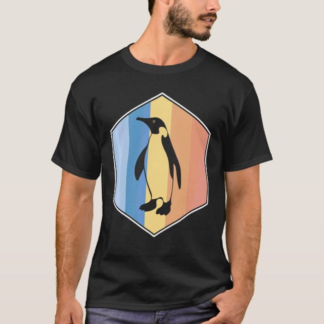 Camiseta Pinguim Com Cores Retro Em Um Hexágono (Frente)