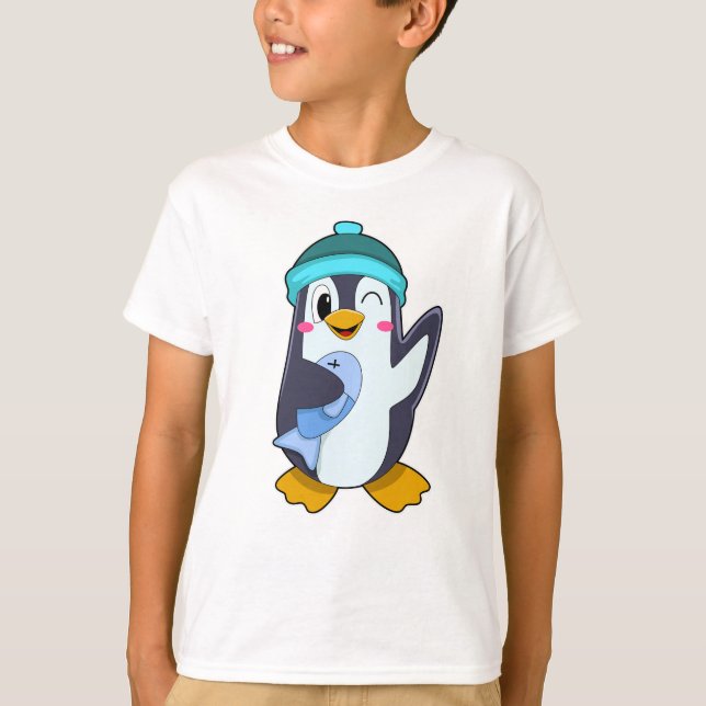 Camiseta Pinguim com Peixe e Chapéu (Frente)