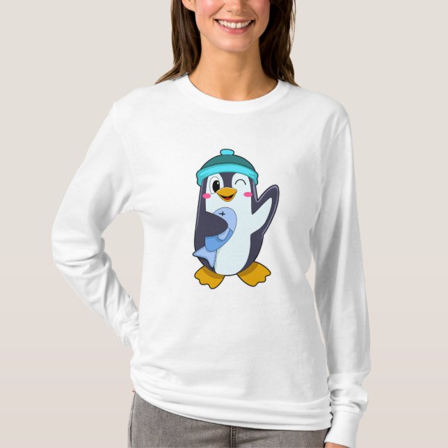 Camiseta Pinguim com Peixe e Chapéu (Frente)