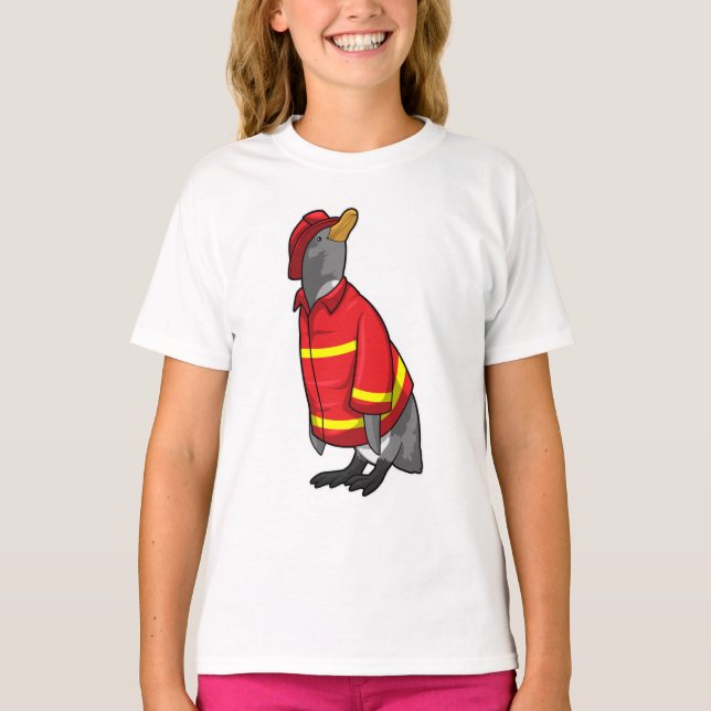 Camiseta Pinguim como Bombeiro com Capacete (Frente)