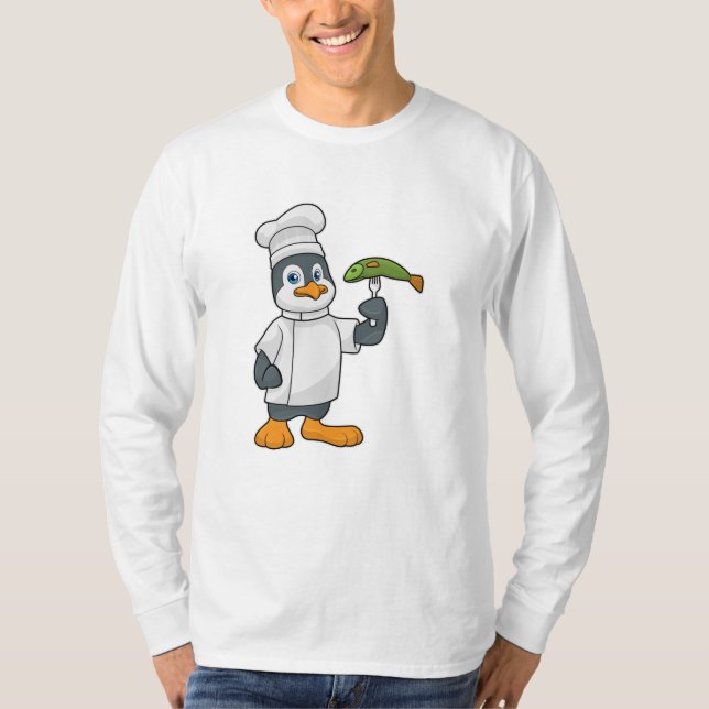Camiseta Pinguim como cozinheiro com placa de peixe e Cozin (Frente)