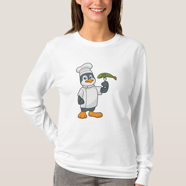 Camiseta Pinguim como cozinheiro com placa de peixe e Cozin (Frente)