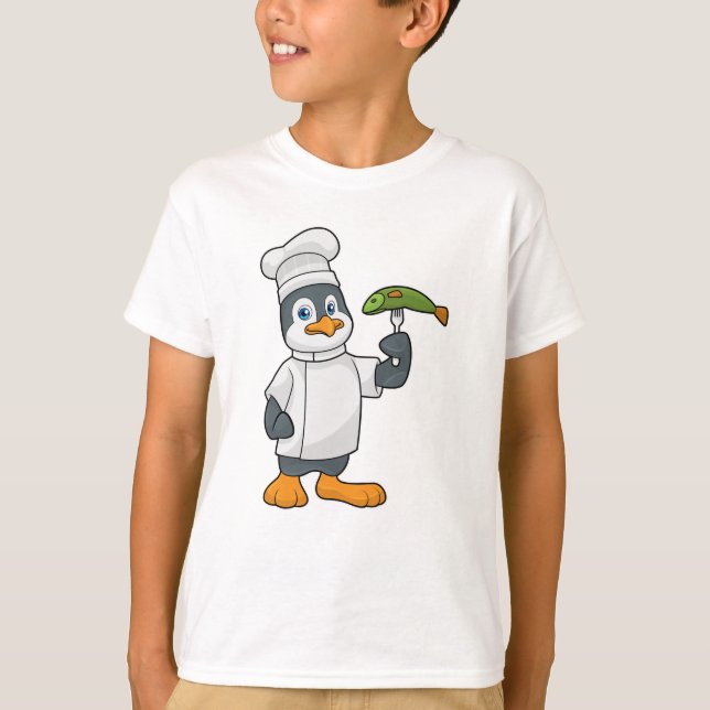 Camiseta Pinguim como cozinheiro com placa de peixe e Cozin (Frente)