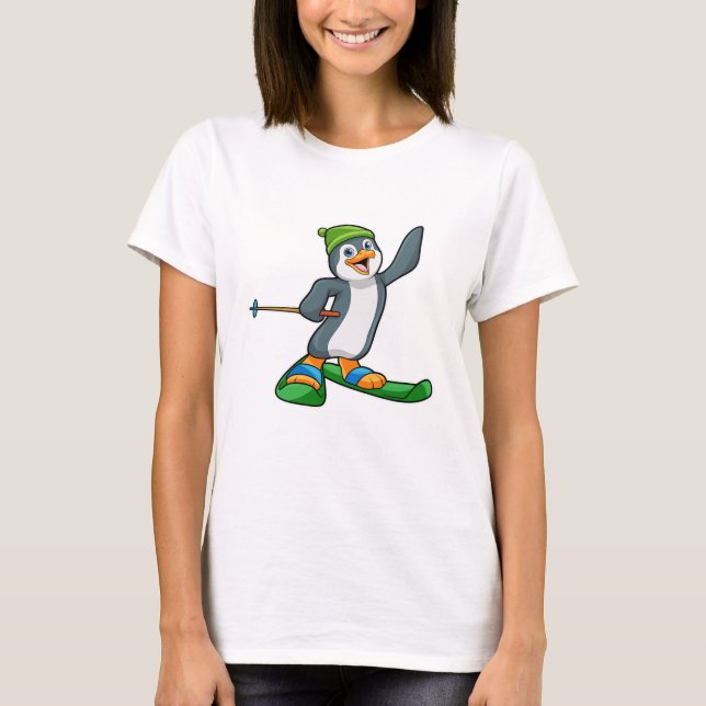 Camiseta Pinguim como esquiador com esqui e Boné (Frente)