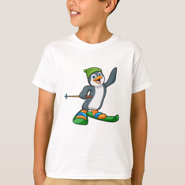 Camiseta Pinguim como esquiador com esqui e Boné (Frente)