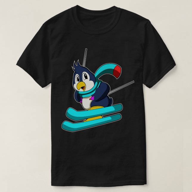Camiseta Pinguim como esquiador com esquis (Frente do Design)