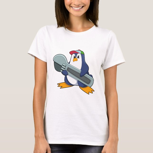Camiseta Pinguim como Mecânico com Ferramenta (Frente)