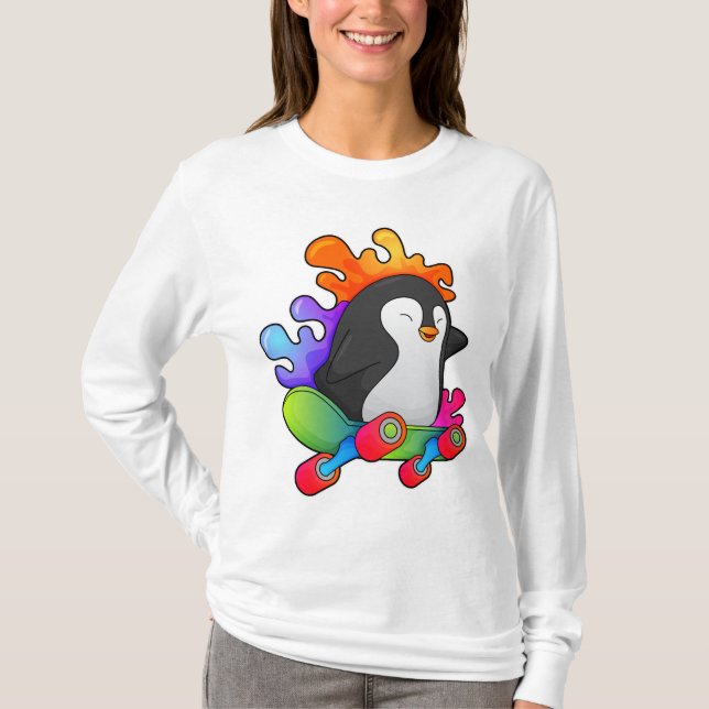 Camiseta Pinguim como Patinador com skate (Frente)