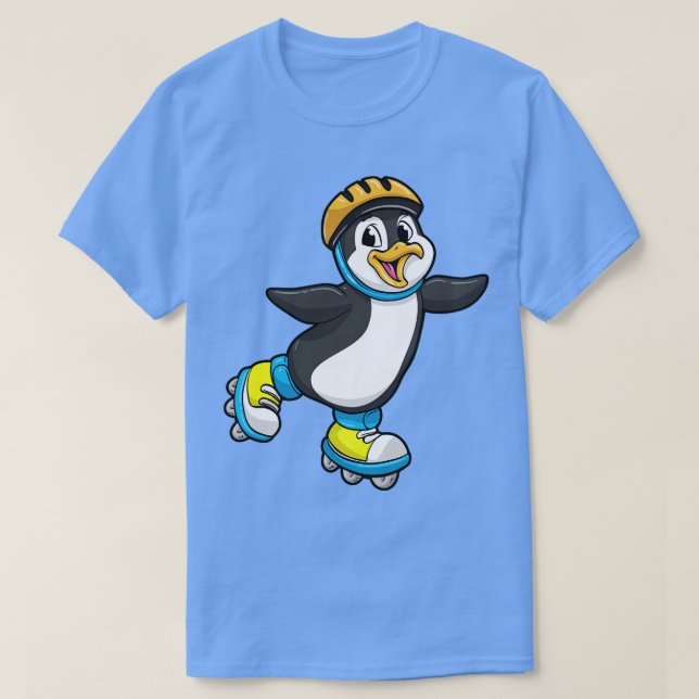 Camiseta Pinguim como Patinador Inline com Skates Inline e  (Frente do Design)