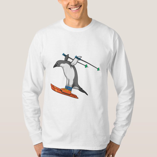 Camiseta Pinguim como saltador de esqui com Esqui (Frente)