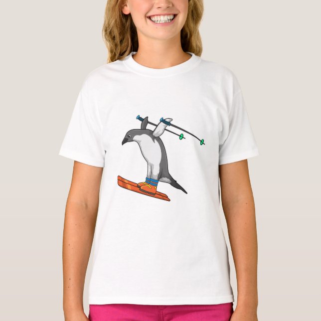 Camiseta Pinguim como saltador de esqui com Esqui (Frente)