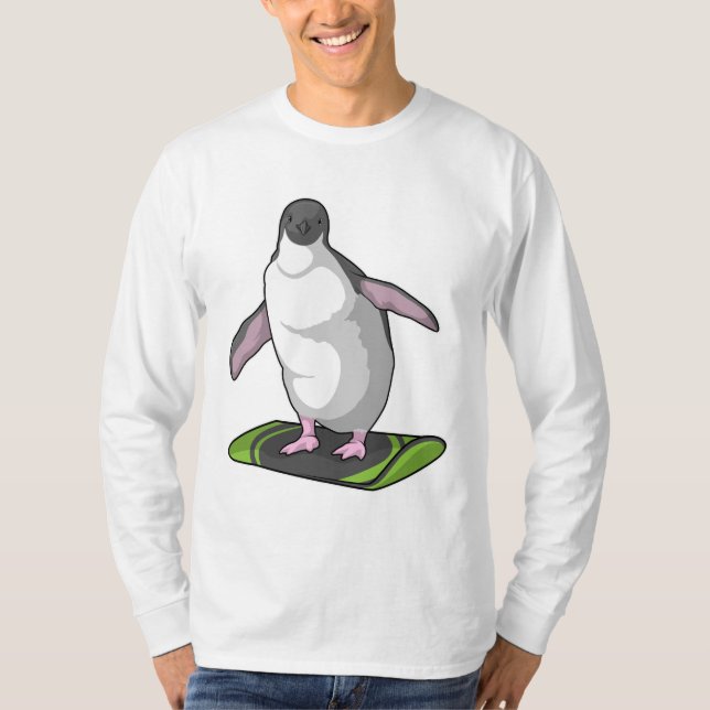 Camiseta Pinguim como Snowboarder com Snowboard (Frente)