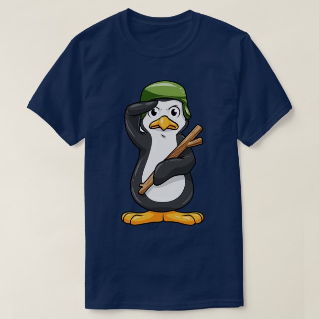 Camiseta Pinguim como soldado com capacete e saudação milit (Frente do Design)