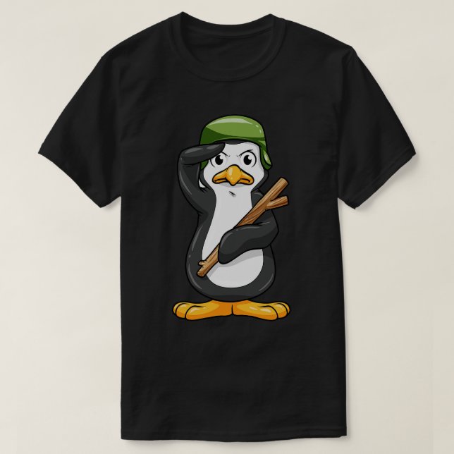 Camiseta Pinguim como Soldado com Capacete e Saudação Milit (Frente do Design)