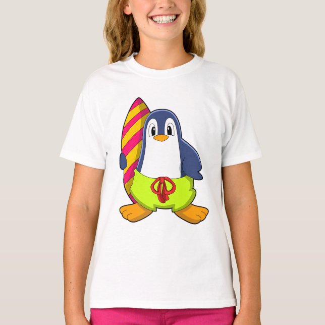 Camiseta Pinguim como Surfer com Surfboard (Frente)