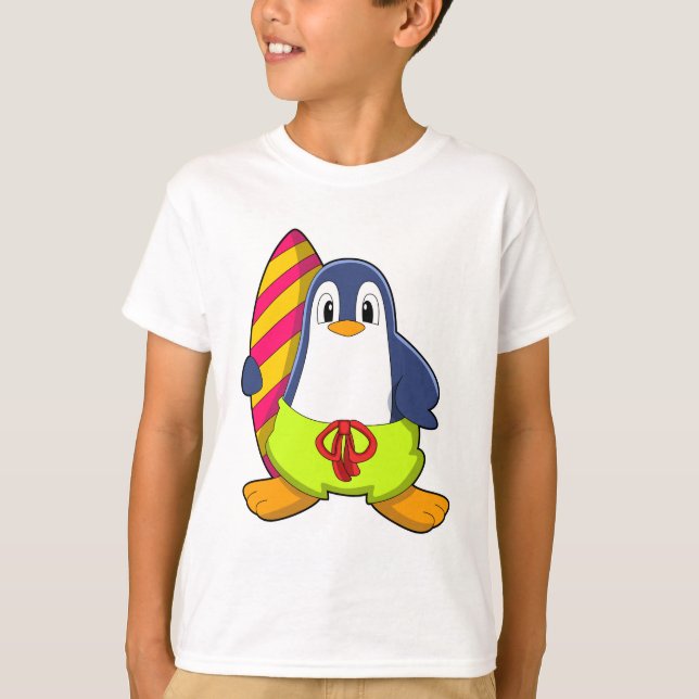 Camiseta Pinguim como Surfer com Surfboard (Frente)