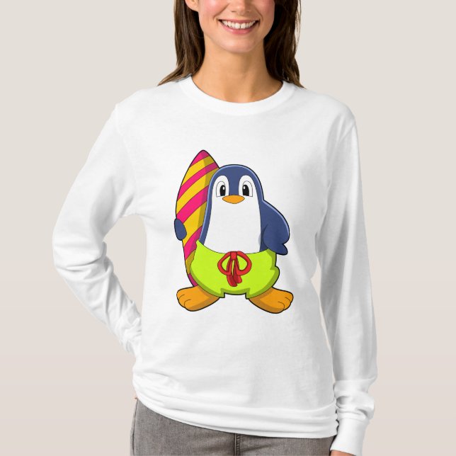 Camiseta Pinguim como Surfer com Surfboard (Frente)