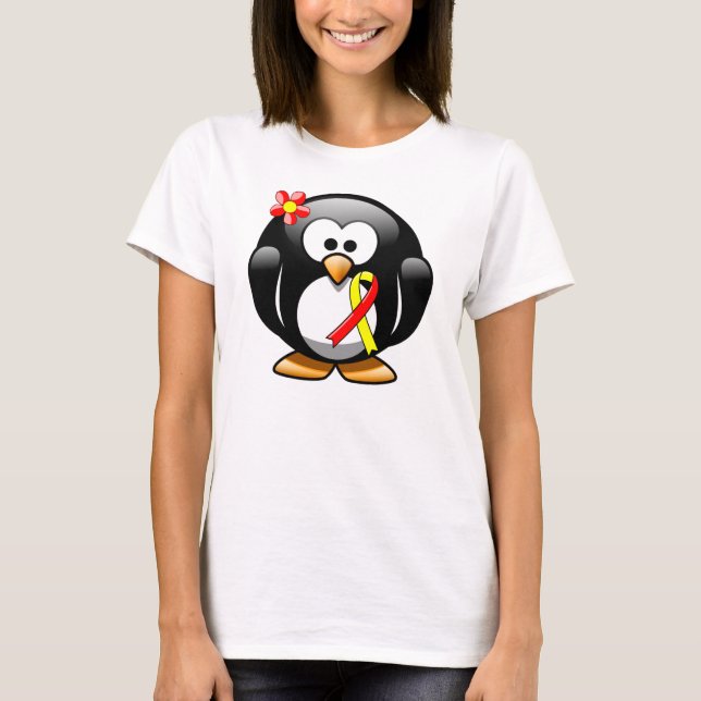 Camiseta Pinguim da Fita de Consciência Vermelha e Amarela (Frente)
