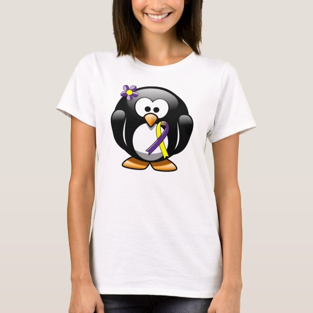 Camiseta Pinguim de Fita de Consciência Púrpura e Amarela (Frente)