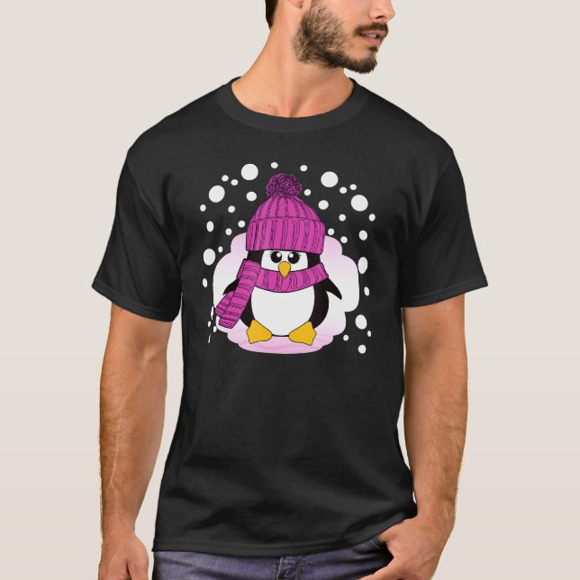 Camiseta Pinguim De Natal Com Chapéu Rosa E Carvalho Rosa (Frente)