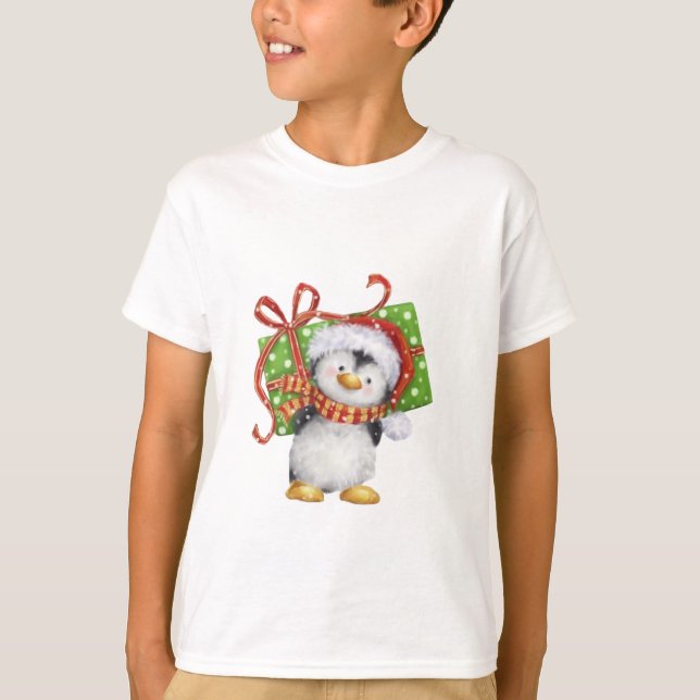 Camiseta Pinguim de Natal Festivo com Presente - Deco de Fé (Frente)