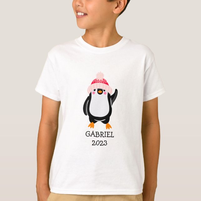 Camiseta Pinguim de Natal Gelado Personalizado em Chapéu Ve (Frente)