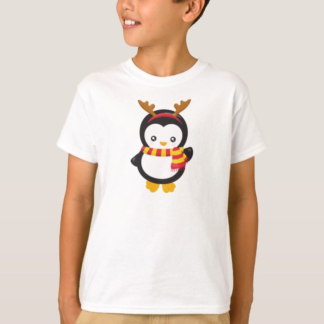 Camiseta Pinguim De Natal, Pinguim Com Scarf, Antlers (Frente)