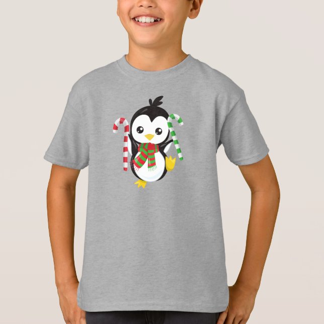 Camiseta Pinguim De Natal, Pinguim Com Scarf, Canela Doces (Frente)