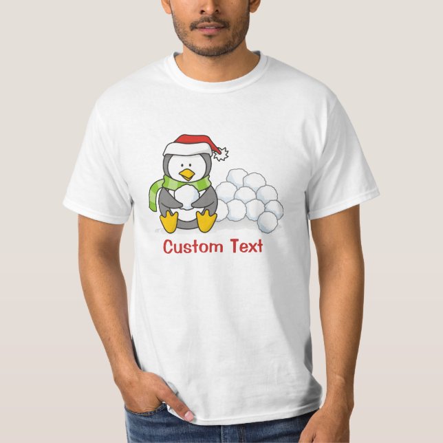 Camiseta Pinguim de Natal sentado com bolas de neve (Frente)