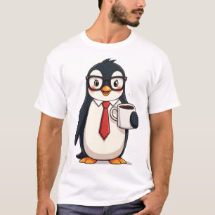 Camiseta Pinguim de Negócios Fofo com Óculos de Café e Grav
