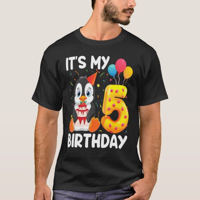 Camiseta Pinguim É Meu Aniversário 5 de 5 Anos Pinguim B (Frente)
