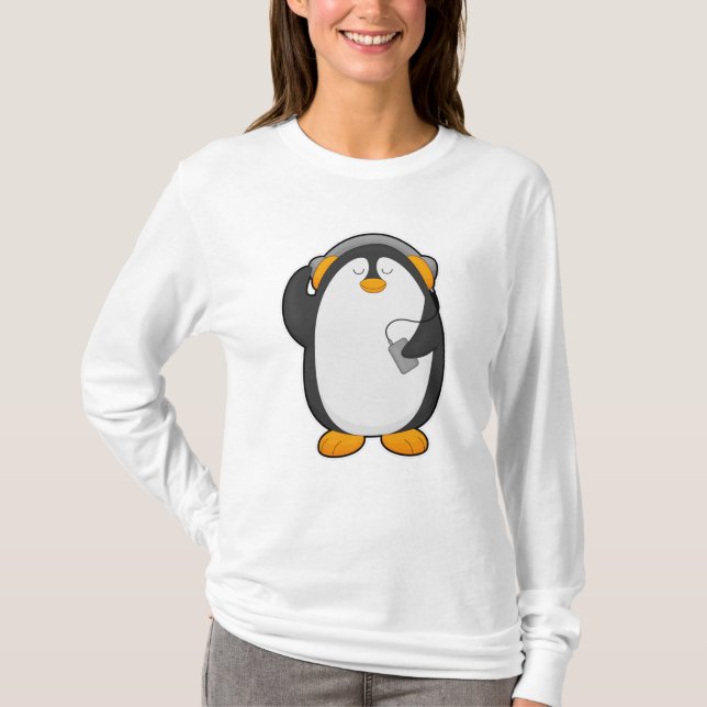 Camiseta Pinguim e telefone celular com fone de ouvido (Frente)