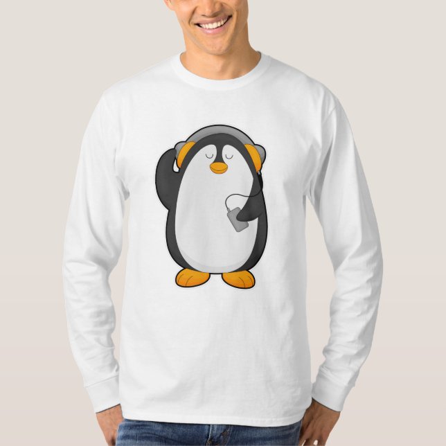 Camiseta Pinguim e telefone celular com fone de ouvido (Frente)