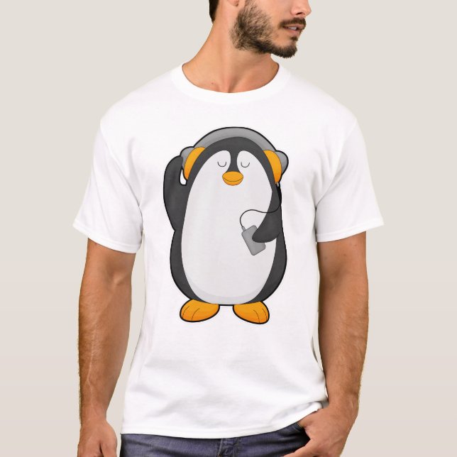 Camiseta Pinguim e telefone celular com fone de ouvido (Frente)