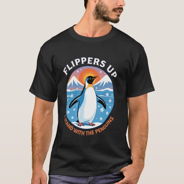 Camiseta Pinguim Engraçado com Nadadeiras para Cima Eu Fico (Frente)