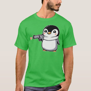 Camiseta Pinguim Engraçado com Pistola e Corações