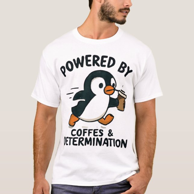 Camiseta Pinguim Engraçado Correndo com Xícara de Café (Frente)