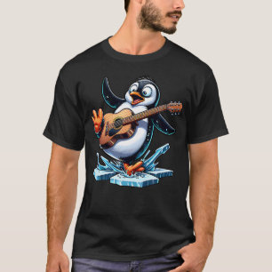 Camiseta Pinguim Engraçado Tocando Guitarra No Gelo