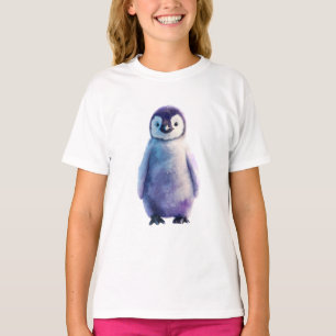 Camiseta Pinguim Filhote de Aguarela Roxa para Crianças