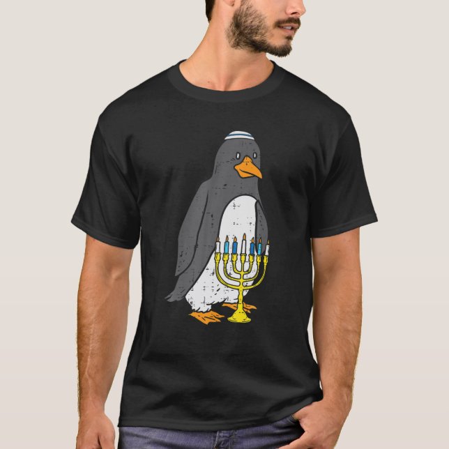 Camiseta Pinguim Judeu Menorah Animal Hanukkah Pajamas Cha (Frente)